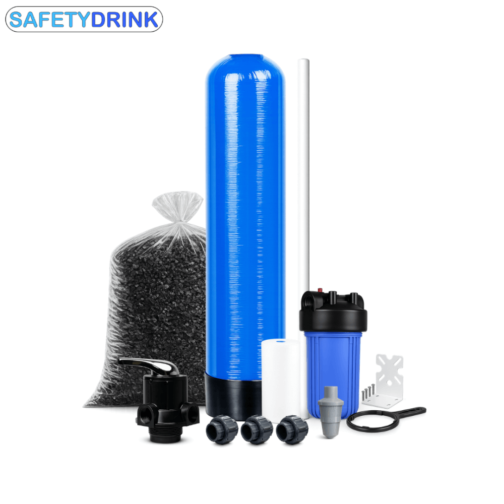 เครื่องกรองน้ำใช้ SAFETYDRINK ขนาด 8 นิ้ว สูง 44 นิ้ว สีน้ำเงิน  พร้อมสารกรองน้ำคาร์บอน รุ่น FRP-S0802